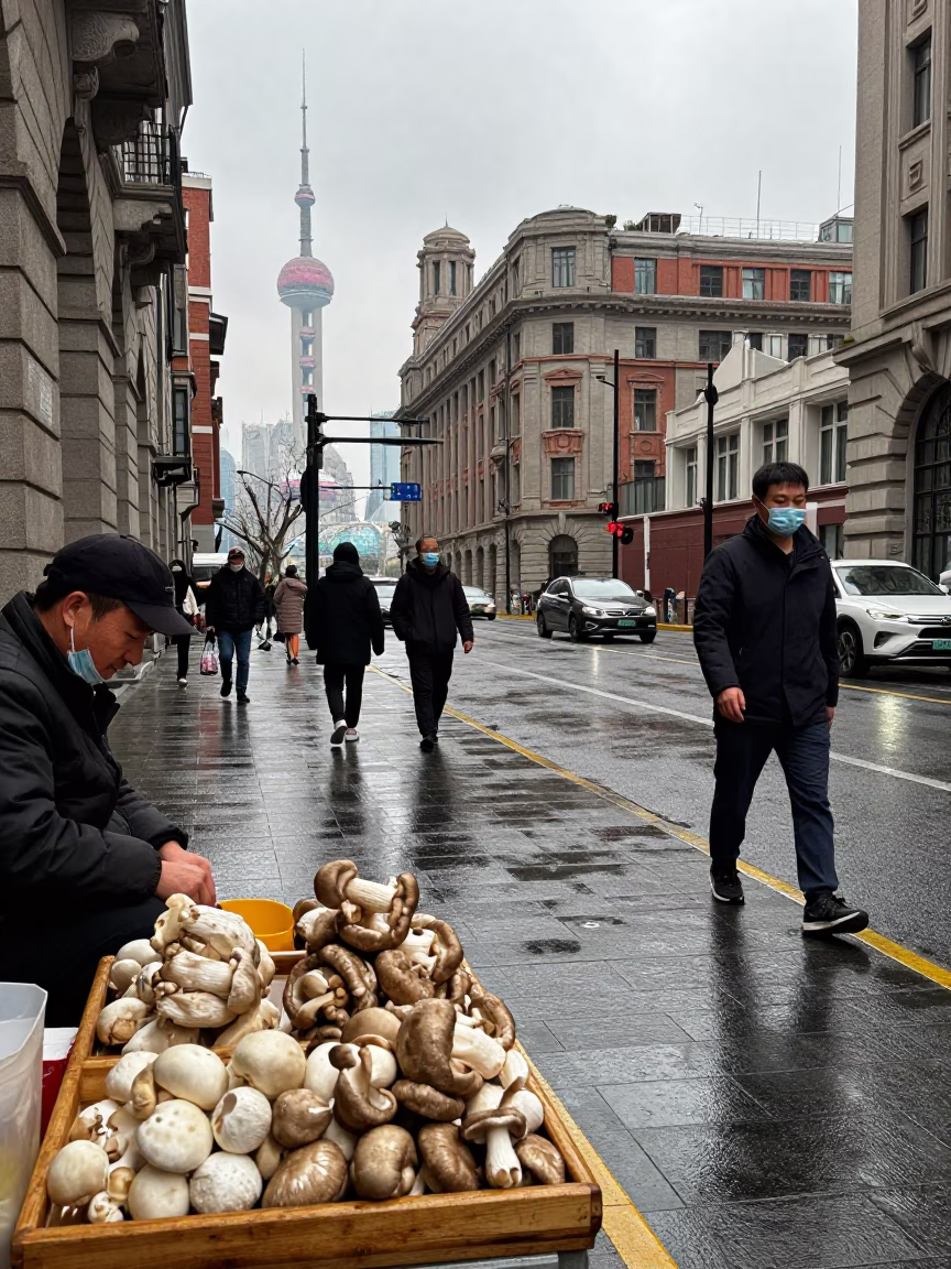 Overcast Midday Street Scene in Shanghai China with Urban Details in in Shanghai, China