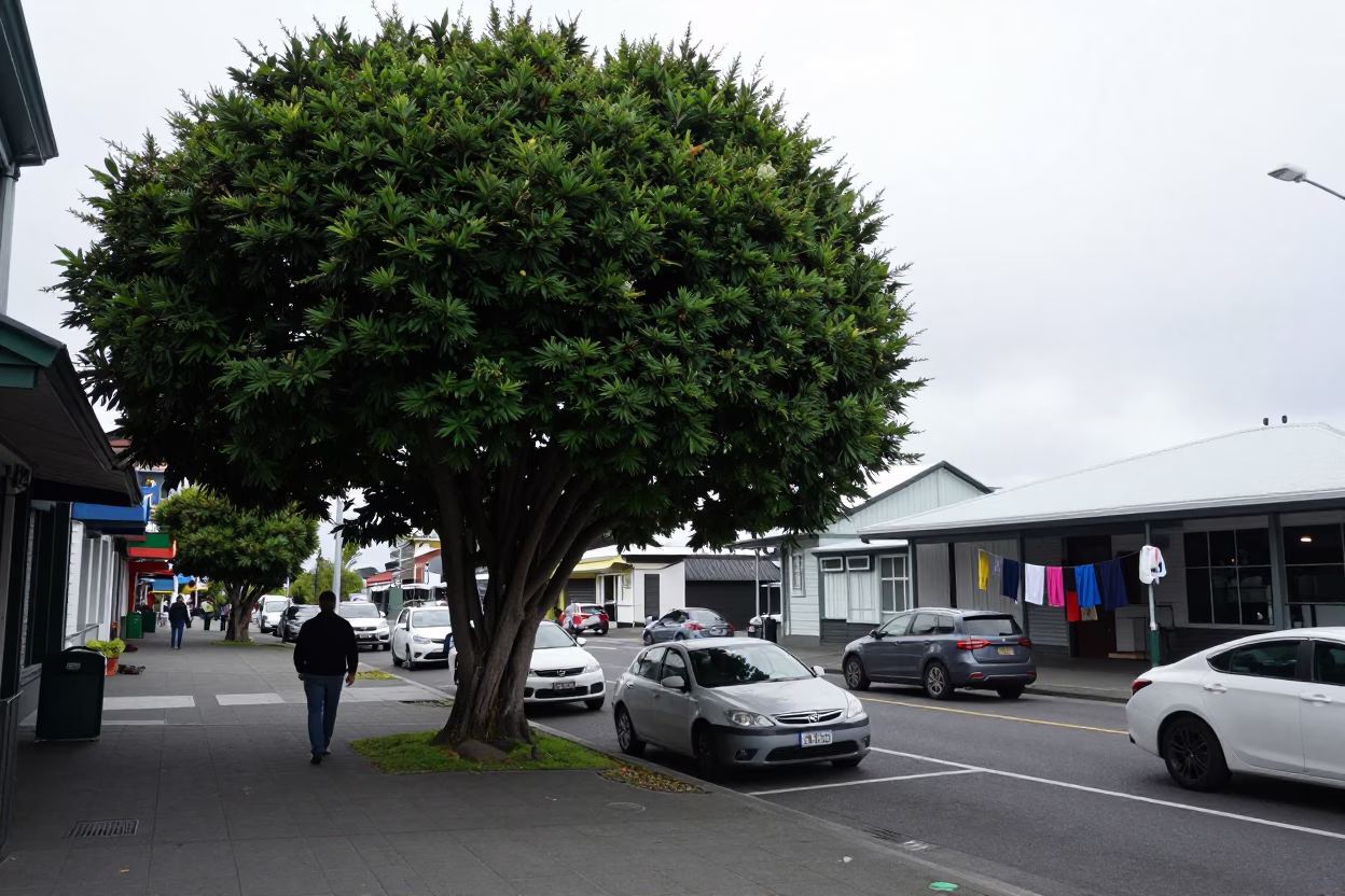 Overcast Midday Street Scene in Wellington with Tree and Laundry Basket in in Wellington, New Zealand