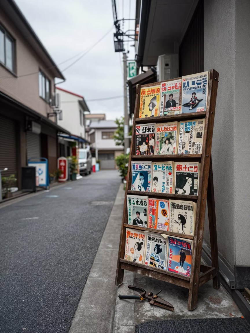 Overcast Midday Tokyo Street Scene with Magazine Rack and Pruning Shears in in Tokyo, Japan