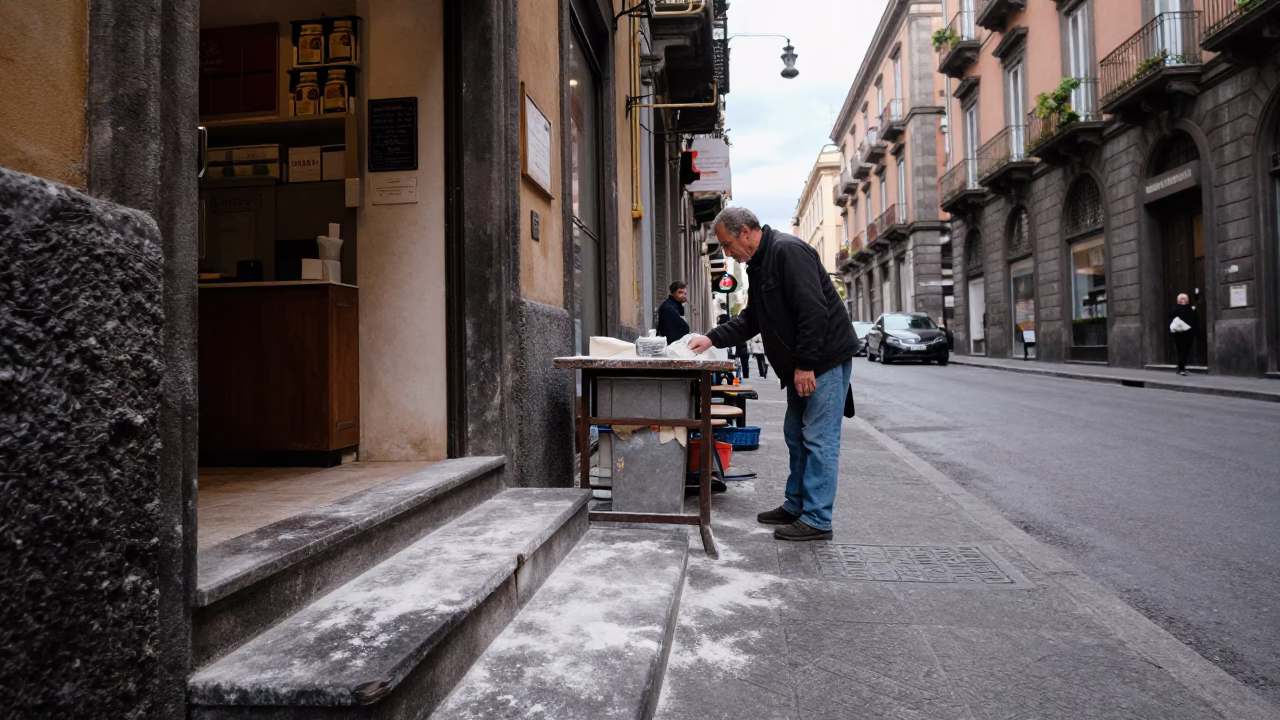 Overcast Naples Street Scene with Flour Dust and Urban Details in in Naples, Italy
