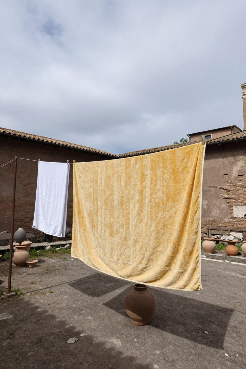 Overcast Roman Courtyard with Drying Towels and Clay Pots in in Rome, Italy