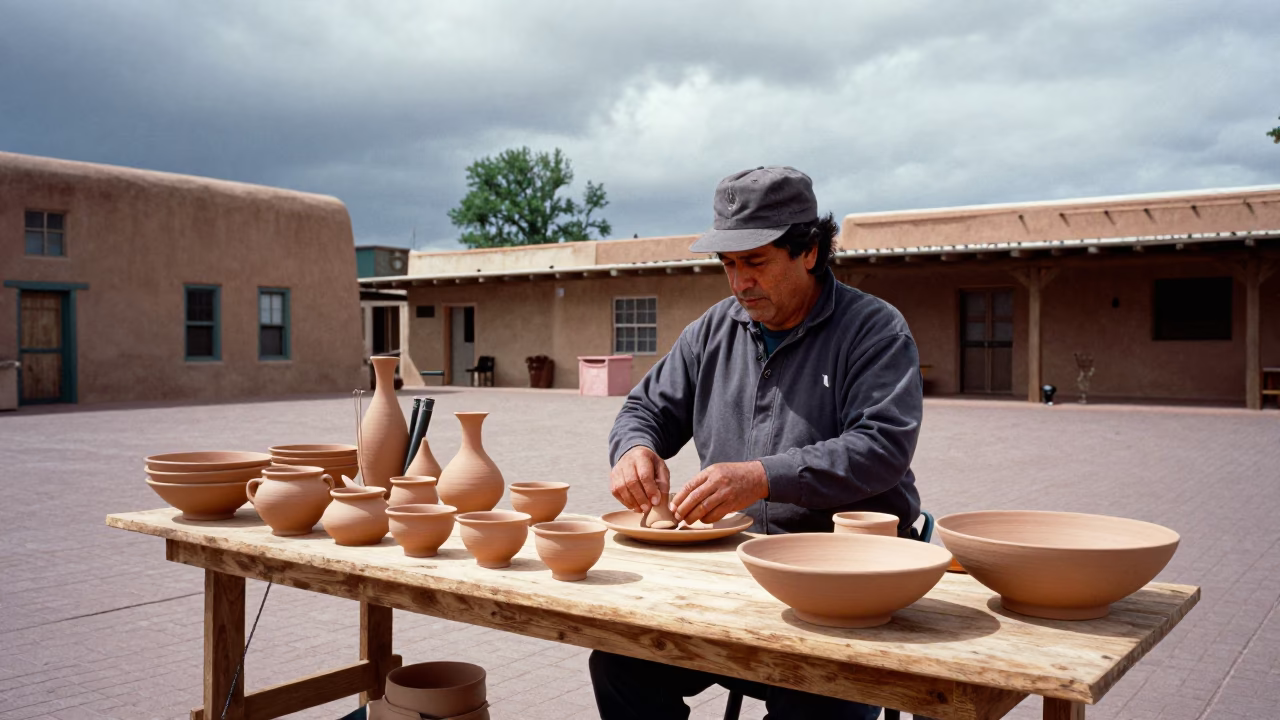 Overcast Santa Fe Plaza Vendor Displaying Pottery and Tools in in Santa Fe, New Mexico, United States