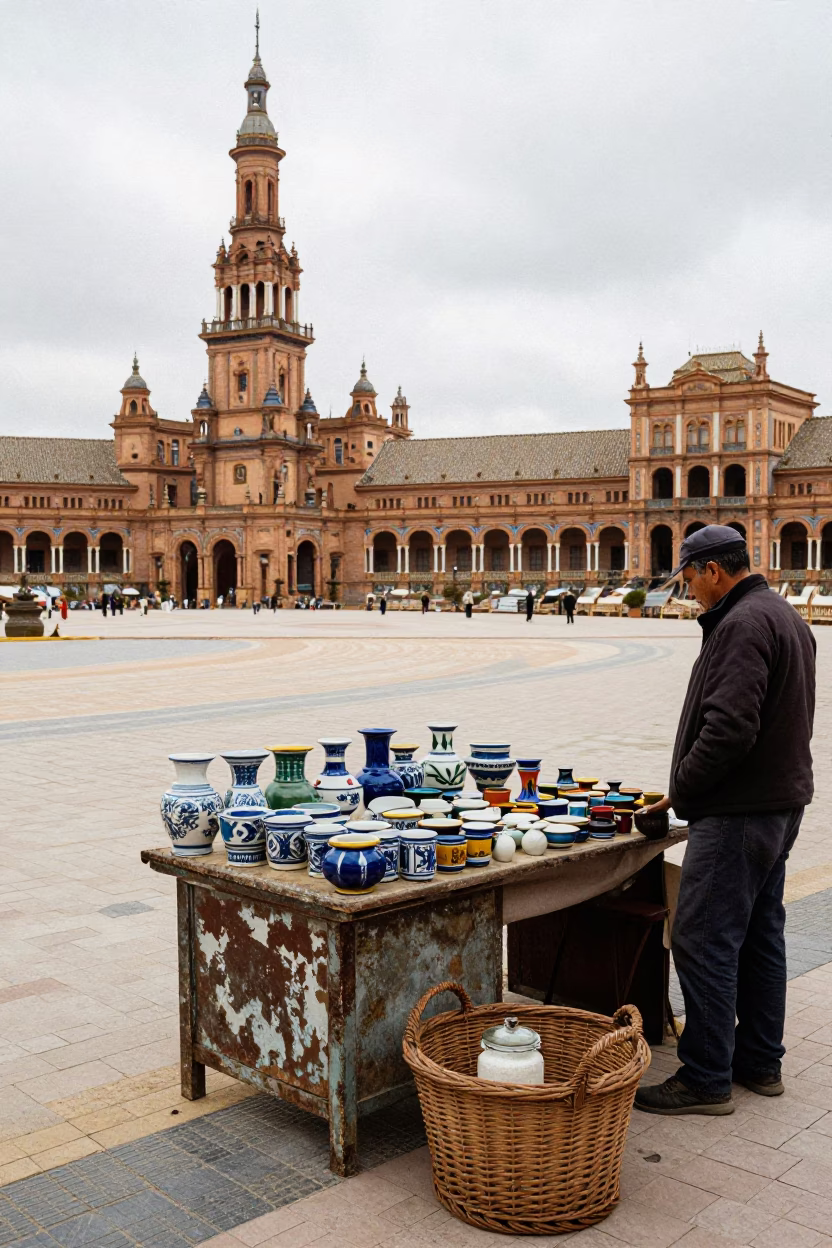 Overcast Seville Plaza with Colorful Ceramics and Local Market Activity in in Seville, Spain