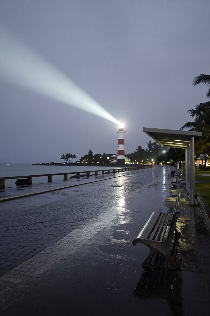 Overcast Sky Reflected in Rain Soaked Victoria Plaza in at a tram stop in Victoria Seychelles