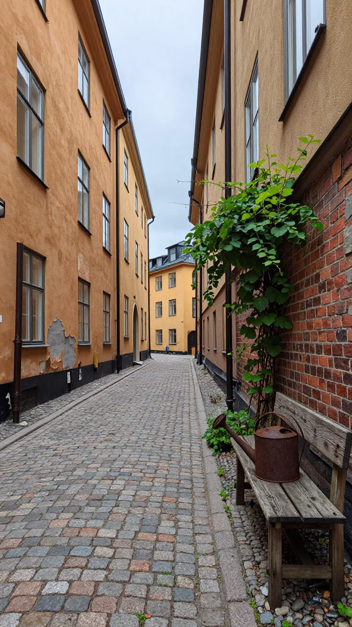 Overcast Stockholm Alley with Peeling Stucco and Vintage Garden Tools in in Stockholm, Sweden