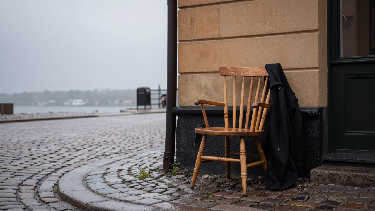 Overcast Stockholm Street Scene With Spindle Chair And Coat Brush in in Stockholm, Sweden