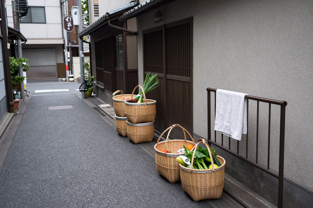 Overcast Tokyo Alleyway Woven Baskets and Daily Life Scene in in Tokyo, Japan