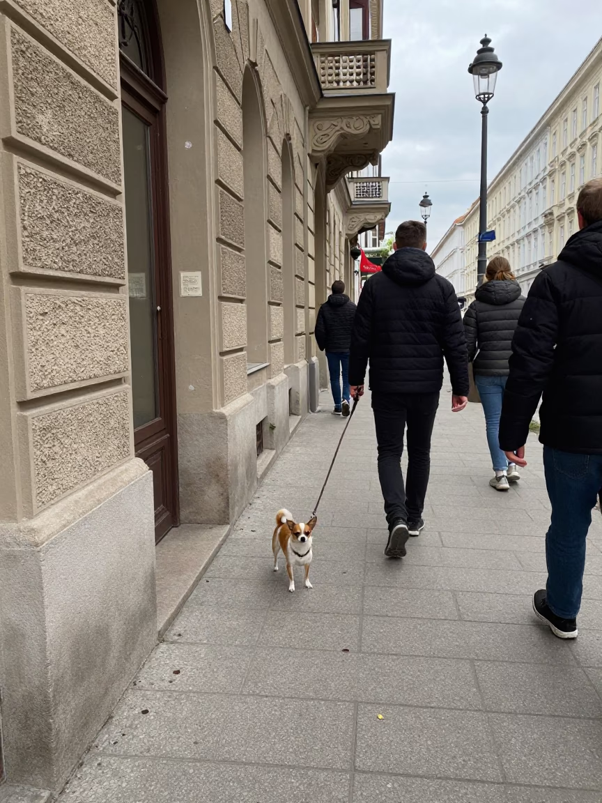 Overcast Vienna Street Scene with Chihuahua and Local Pedestrians in in Vienna, Austria