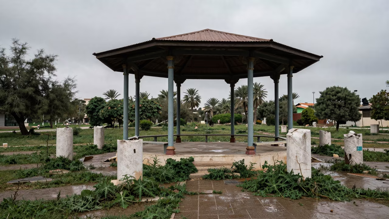 Overgrown Bandstand Ruin in Al Hudaydah Park in among toppled columns and nettles near Al Hudaydah