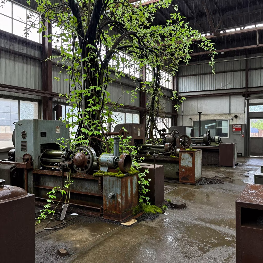 Overgrown Factory Machine Shop Midday in in a machine shop near Newport