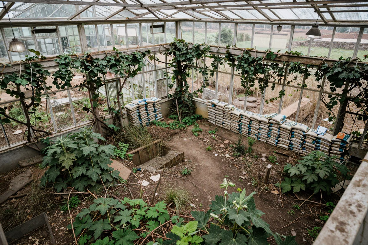 Overgrown Greenhouse Ruin in Nanchang Shed in inside a machine shed with seed bags stacked high near Nanchang