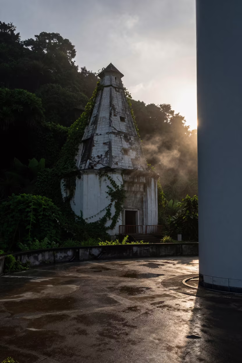 Overgrown Lime Kiln in Makassar Turbine Hall Dawn in in a turbine hall near Makassar