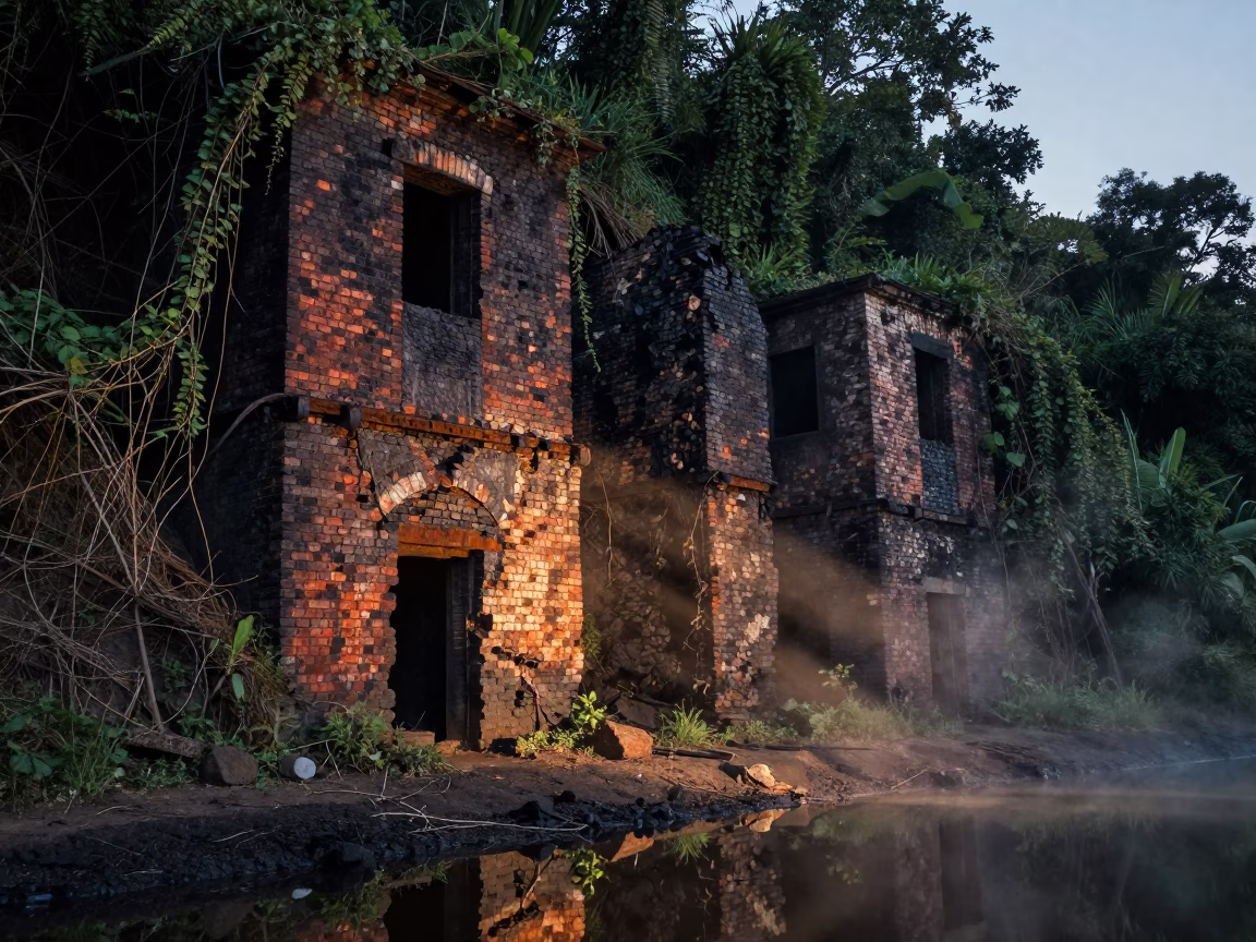 Overgrown Lime Kiln at Twilight Reflected in Water in on a factory floor near Uyo