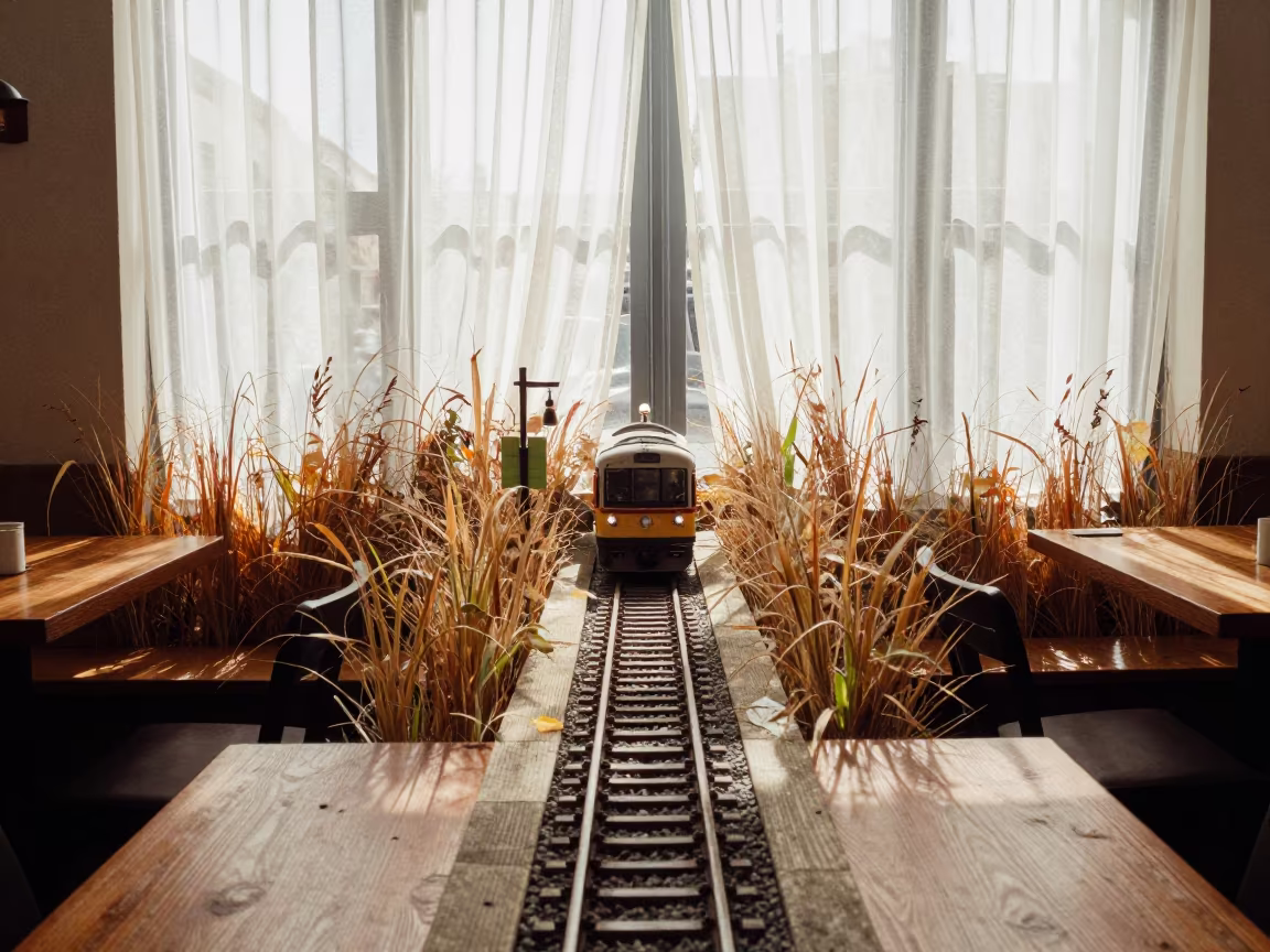 Overgrown Railway Platform on Cafe Table in on a cafe table by a window in Amman