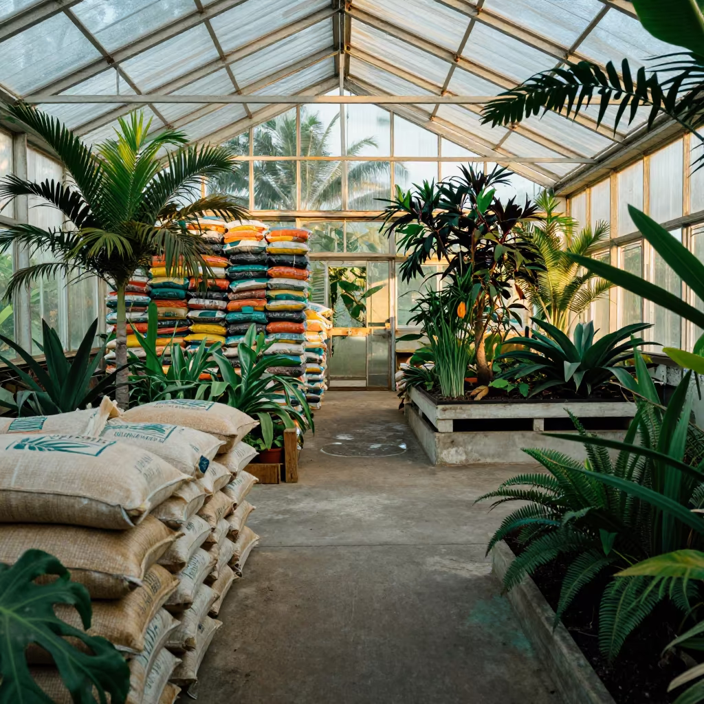Overgrown Tropical Greenhouse Inside Hawaii Machine Shed in inside a machine shed with seed bags stacked high in Hawaii