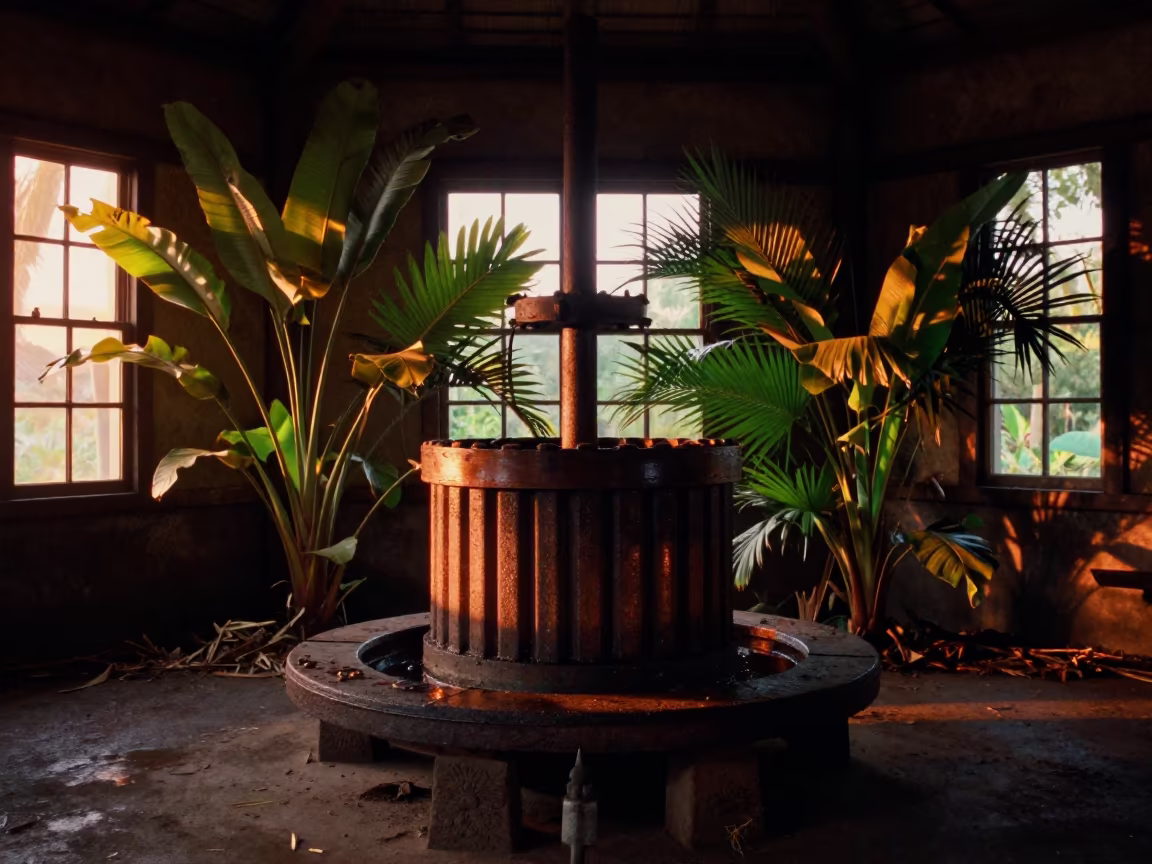 Overgrown Tropical Plants in Abandoned Samoan Olive Press in inside a village olive press in Samoa