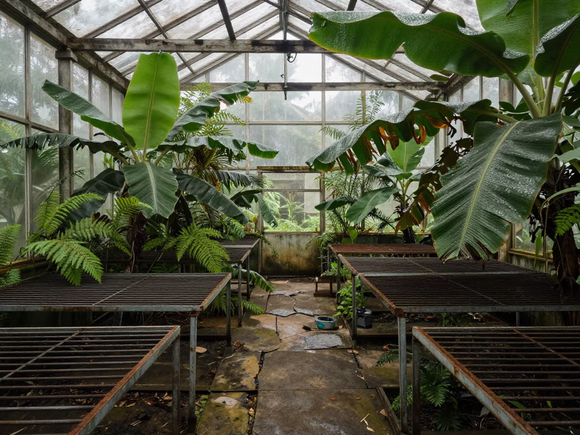 Overgrown Tropical Plants in Abandoned Tamil Nadu Greenhouse in inside a humid greenhouse aisle in Tamil Nadu