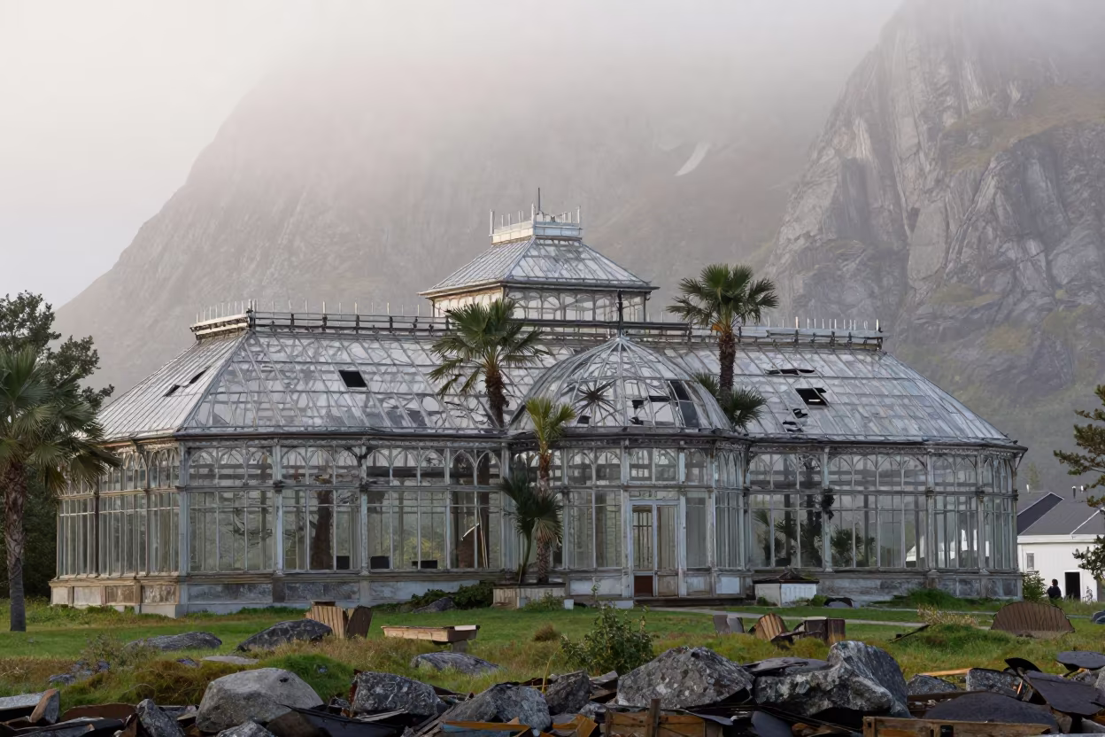 Overgrown Victorian Glasshouse Ruin in Norwegian Fjords in through an abandoned ceremonial court in the Fjords of Norway