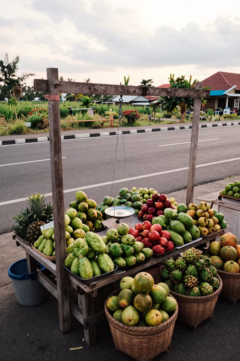 Overhead View of Balinese Fruit Scale in at a roadside fruit stand in Denpasar