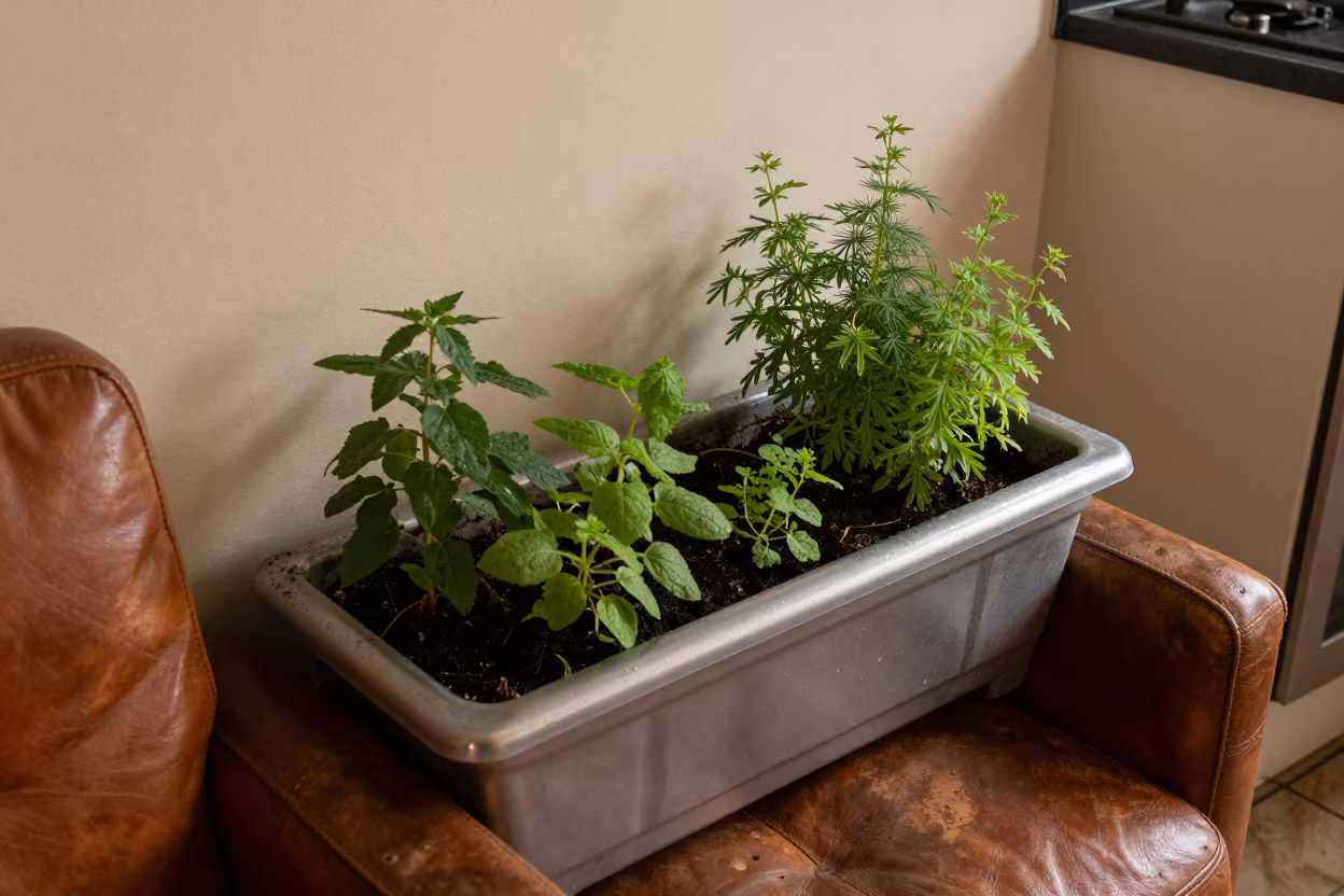 Overhead View of Herb Garden on Leather Chair in on a worn leather armchair in Burao
