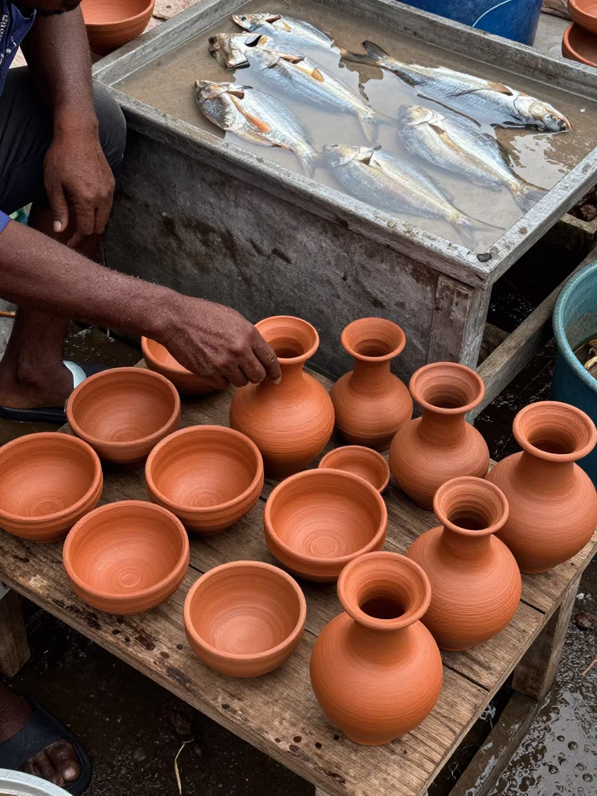 Overhead View Pottery Vendor Barishal Market in beside a fish counter in Barishal