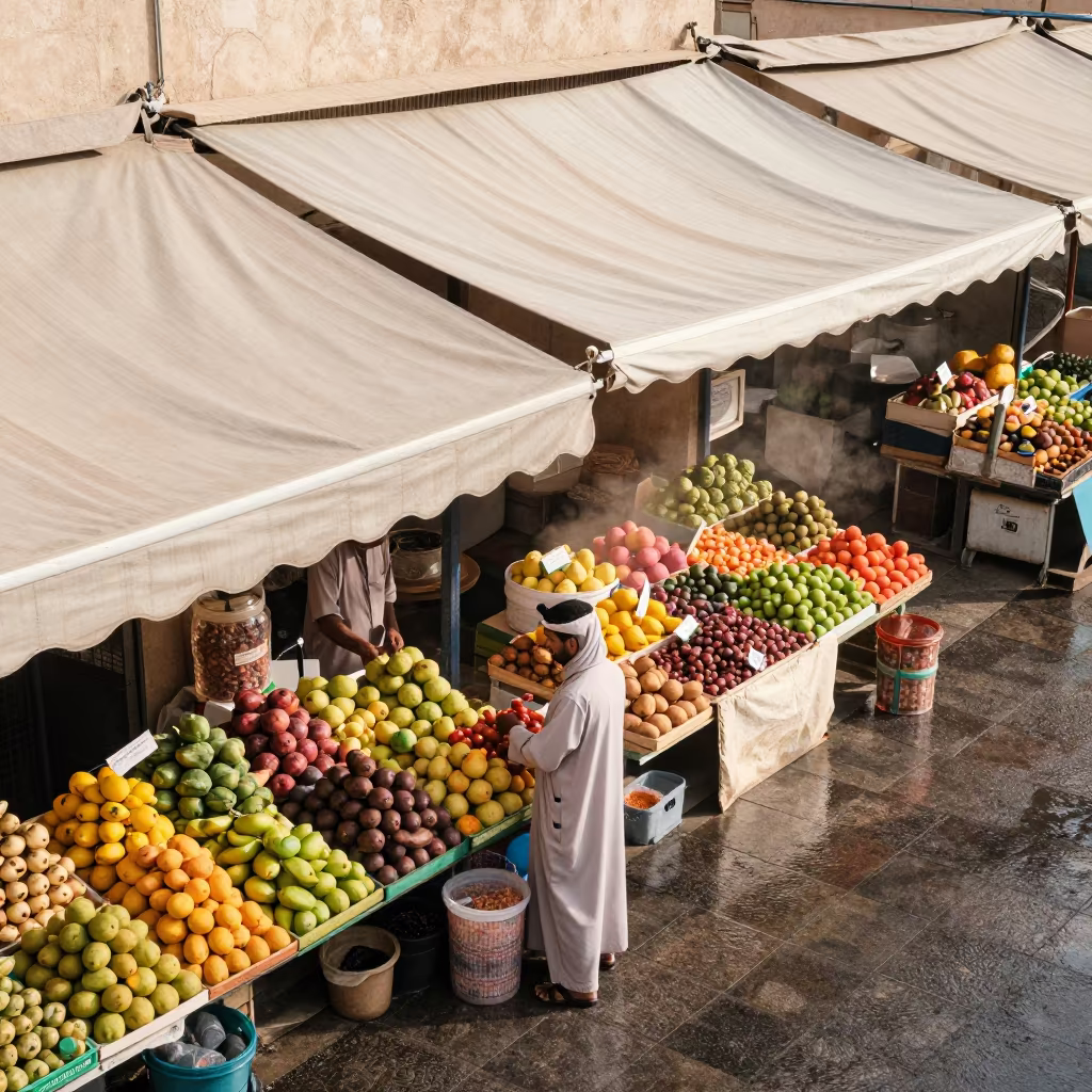Overhead Tea Hawker With Rolled Awning in Muscat in at a roadside fruit stand in Muscat