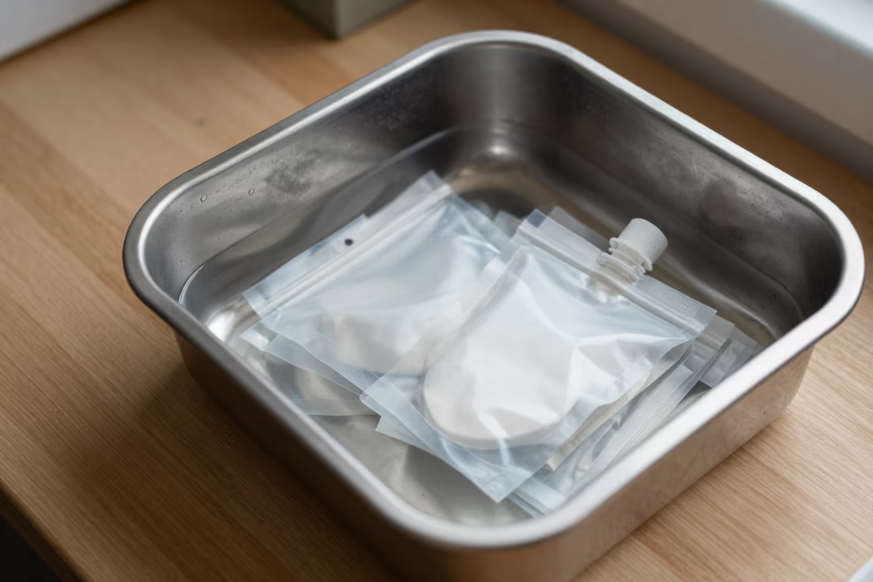 Overhead View of Treat Pouch Washer Bin in on a wooden workbench in Bursa