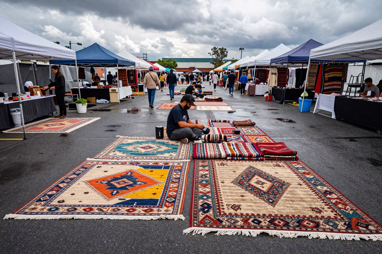 Overhead View of Braided Rug Vendor in LA Flea Market in in a flea market lane in Los Angeles