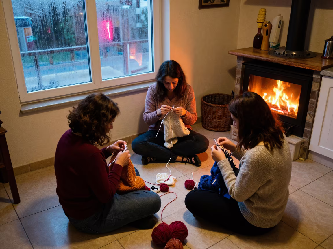 Overhead View of Knitting Circle in Isparta Kitchen in in a cozy kitchen in Isparta