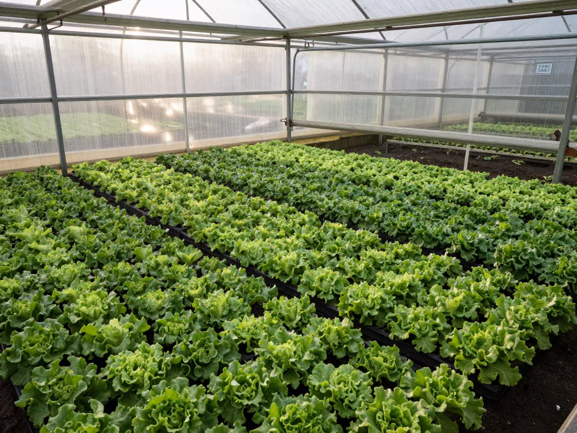 Overhead View of Lettuce Trays in Greenhouse in under translucent greenhouse roofing in the Lake District