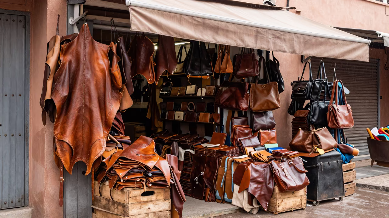 Overhead View of Marrakech Leather Souk Stalls in at a market stall in Marrakech
