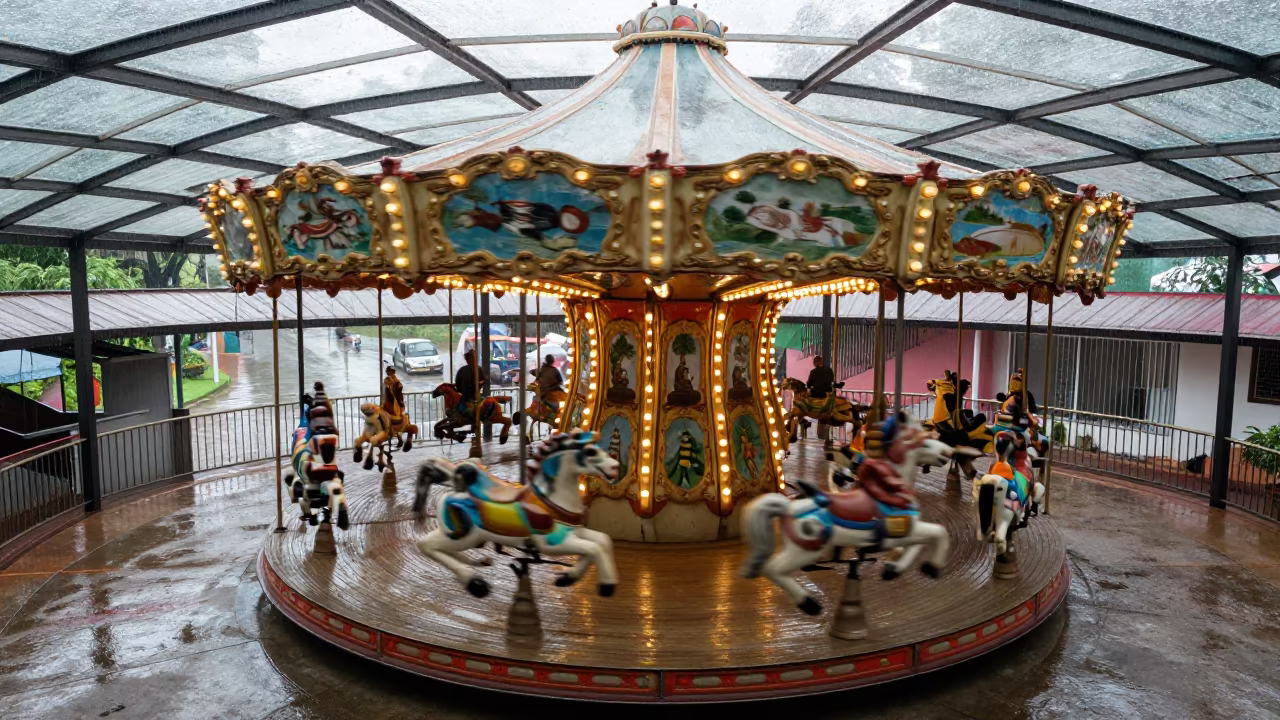 Overhead View of Merry Go Round Rain Trails in inside a glass-roofed arcade in Godavarikhani