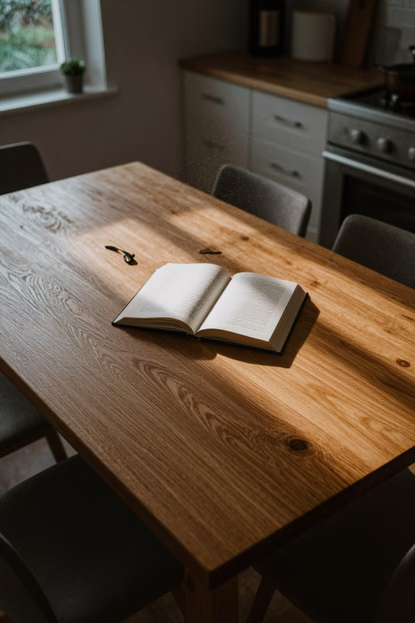 Overhead View of Oak Table Reading Nook Twilight in in a cozy kitchen near Bertoua