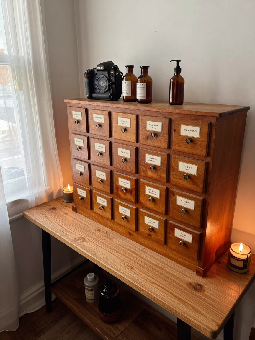 Overhead View of Vintage Apothecary Cabinet in on a wooden workbench in Montreal