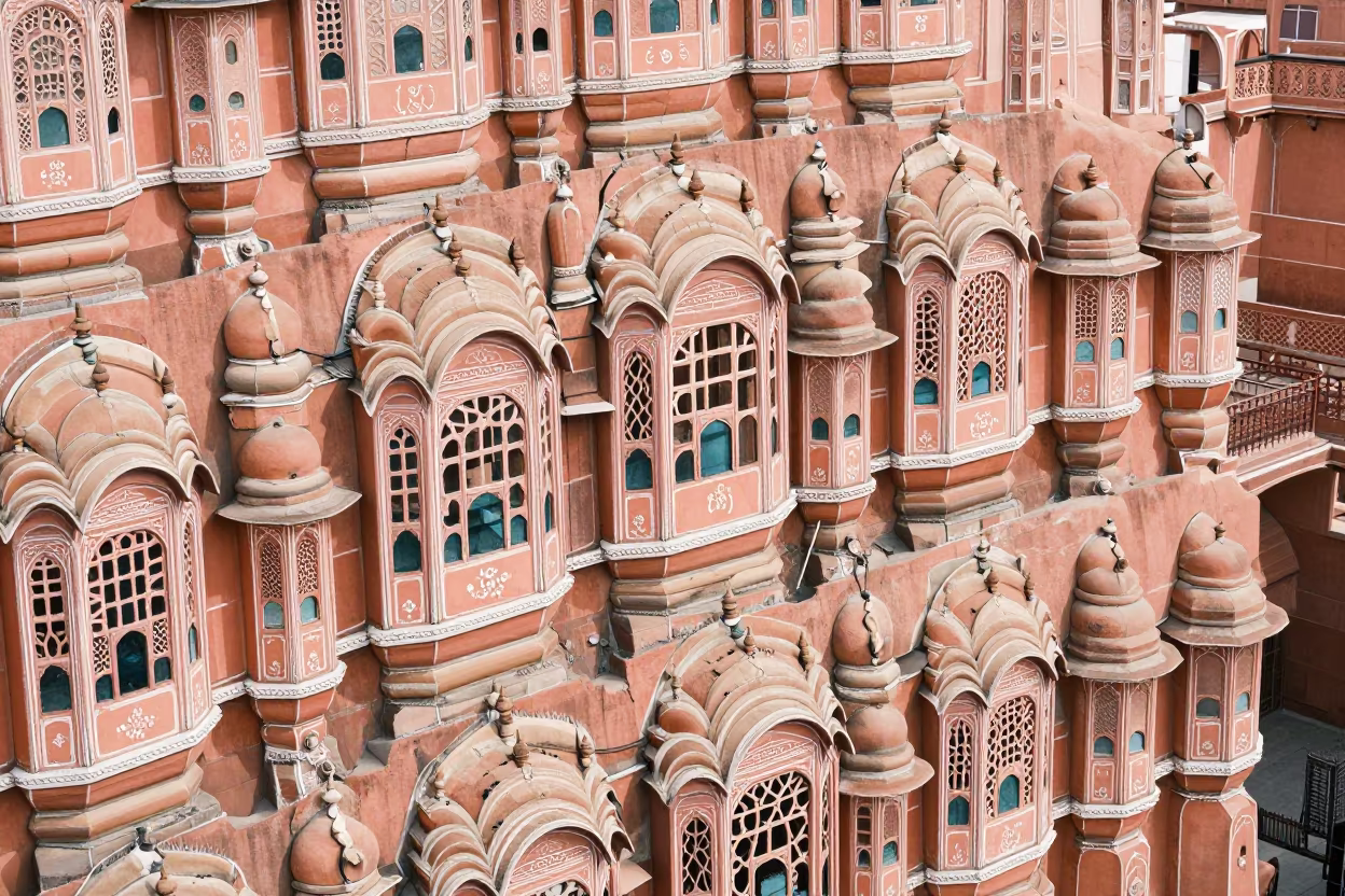 Overhead Window Grid Pattern Hawa Mahal Jaipur in inside a skylit passageway in Hawa Mahal Road, Jaipur