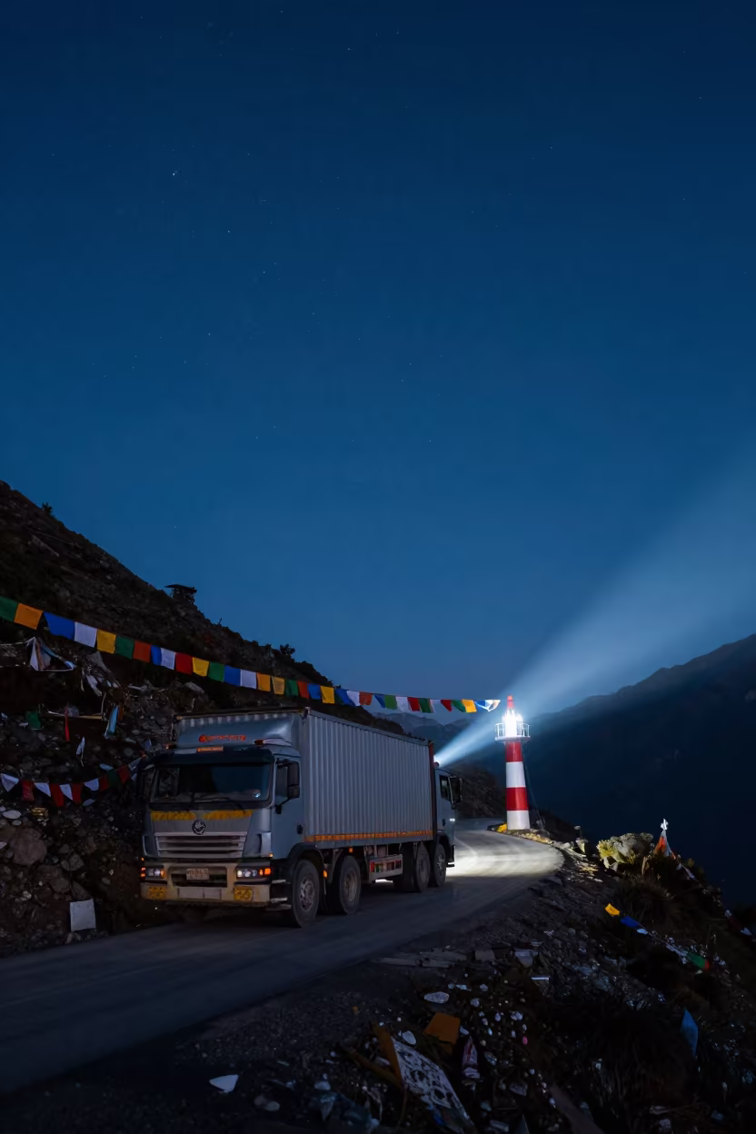Overloaded Truck on Himalayan Ridge at Night in on a wind-cut ridge below prayer flag lines near Shimla