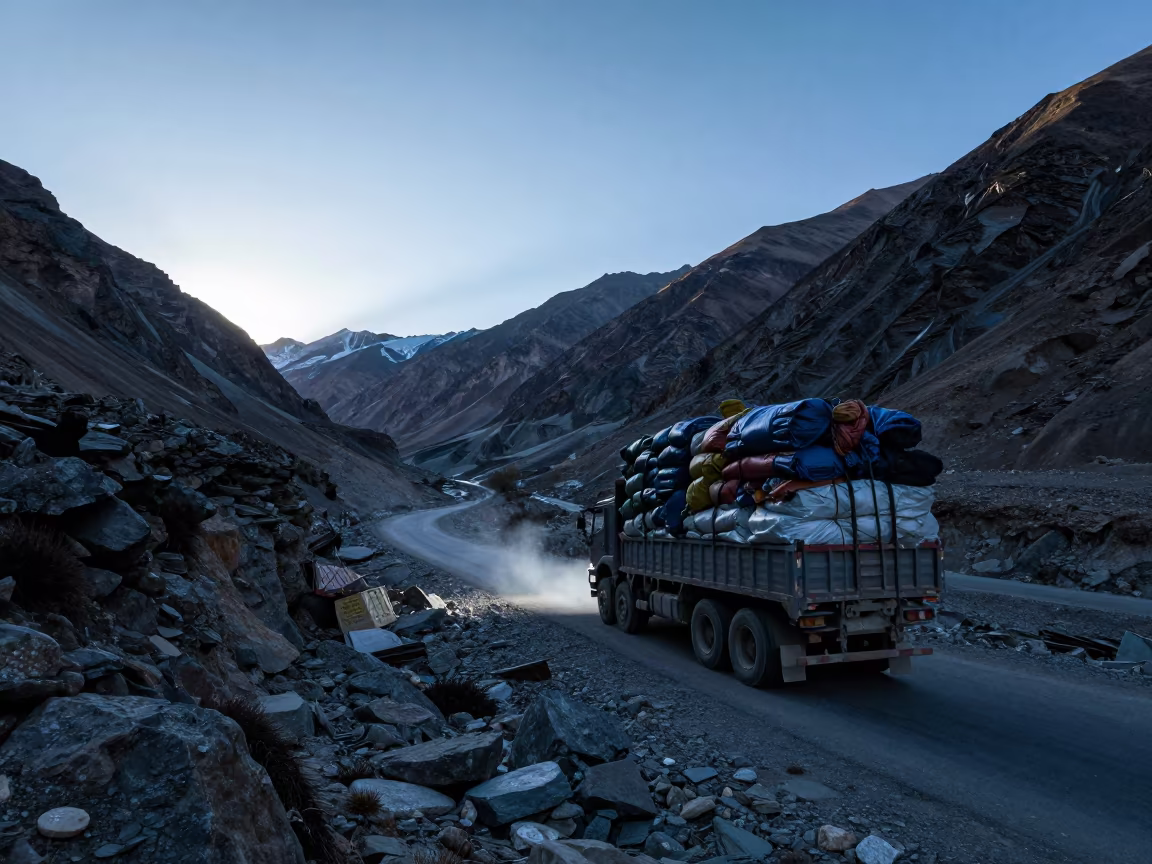 Overloaded Truck on Himalayan Saddle Road in at a rocky saddle overlooking a mountain valley near Leh
