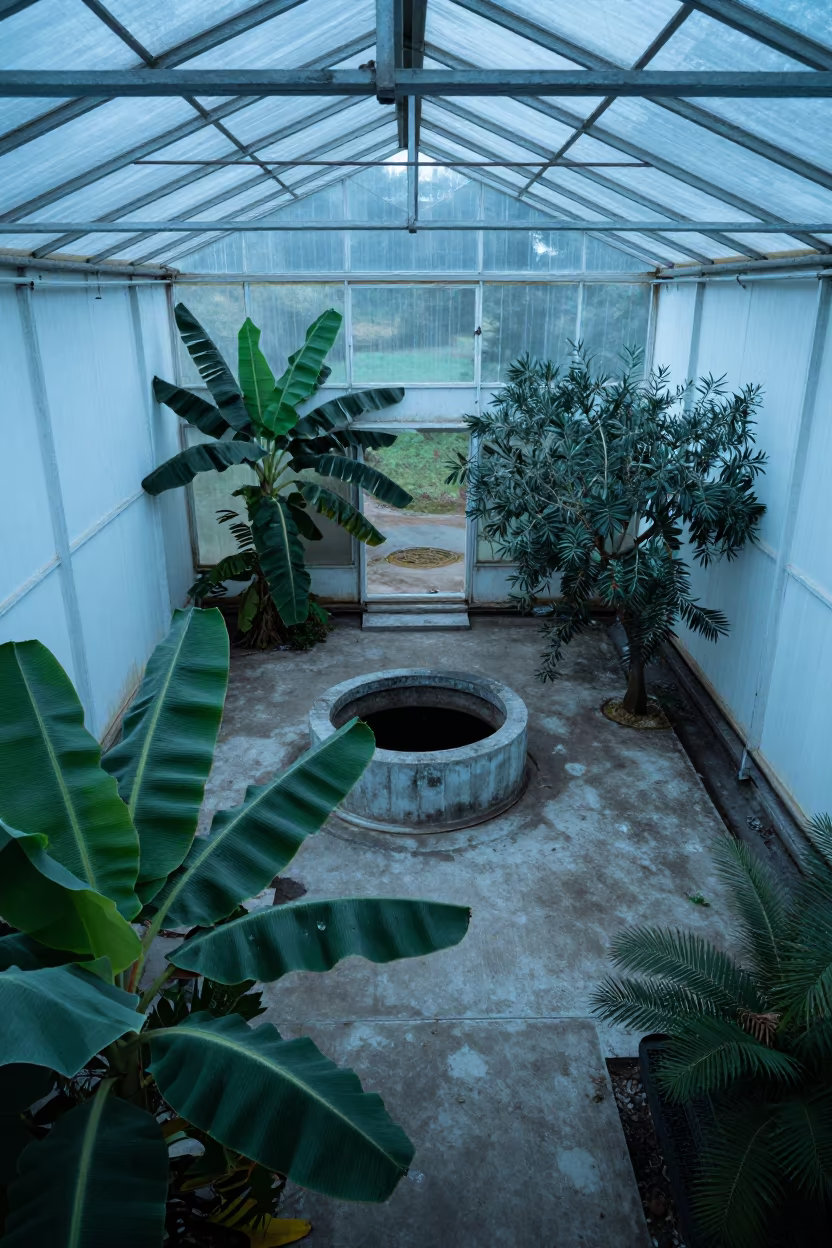Overlook of Wild Tropical Plants in Abandoned Greenhouse in inside a village olive press in Blok M, Jakarta