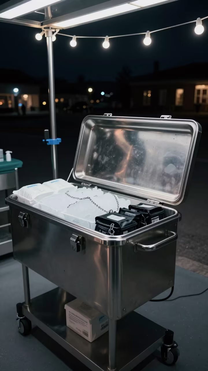Overnight Lab Specimen Cooler with Ice Packs in in a surgical prep area in Winnipeg