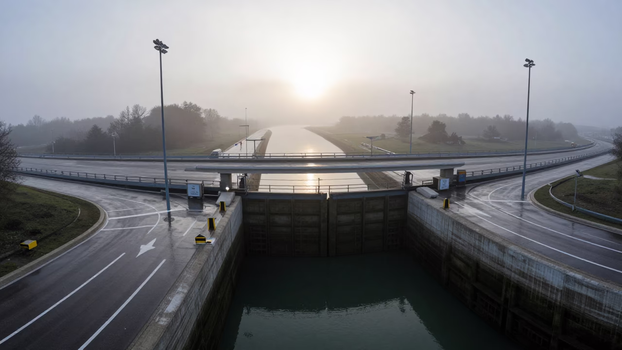 Overpass Arrows Over Canal Lock Morning Mist in at a canal lock chamber in Moldova
