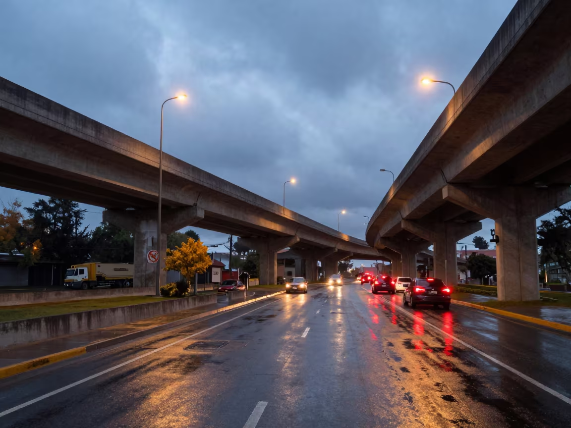 Overpass Interchange Glowing Above Wet Asphalt in beside a storm surge barrier near Santiago de Querétaro