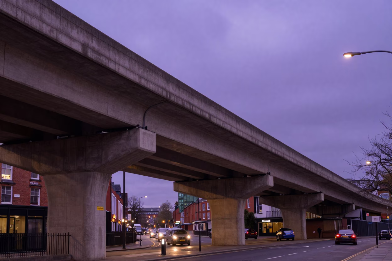 Overpass Interchange Ramp Slicing Across Violet Evening Sky in Bristol in in Bristol, United Kingdom