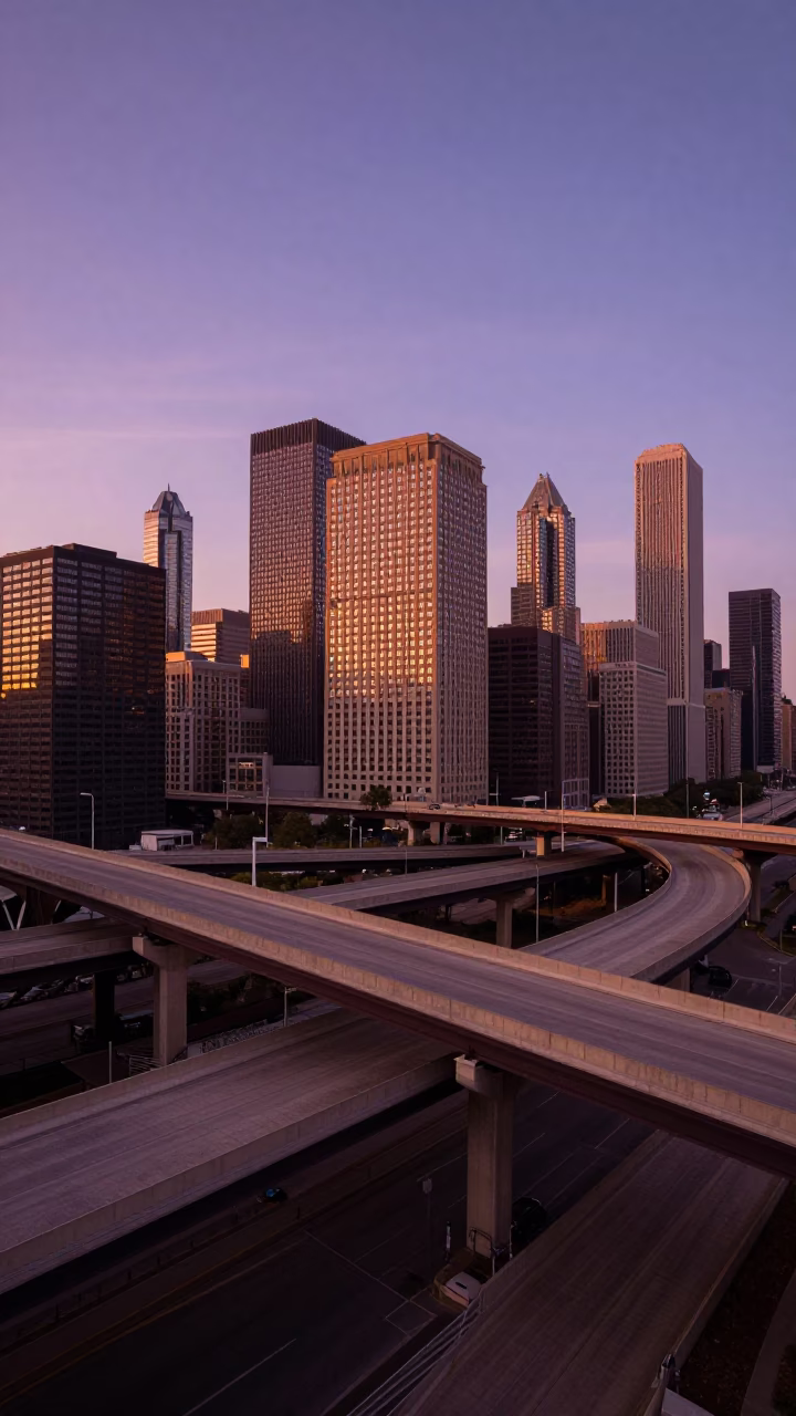 Overpass Interchange Ramp Slicing Across Violet Evening Sky in Chicago at Golden Hour in in Chicago, Illinois, United States
