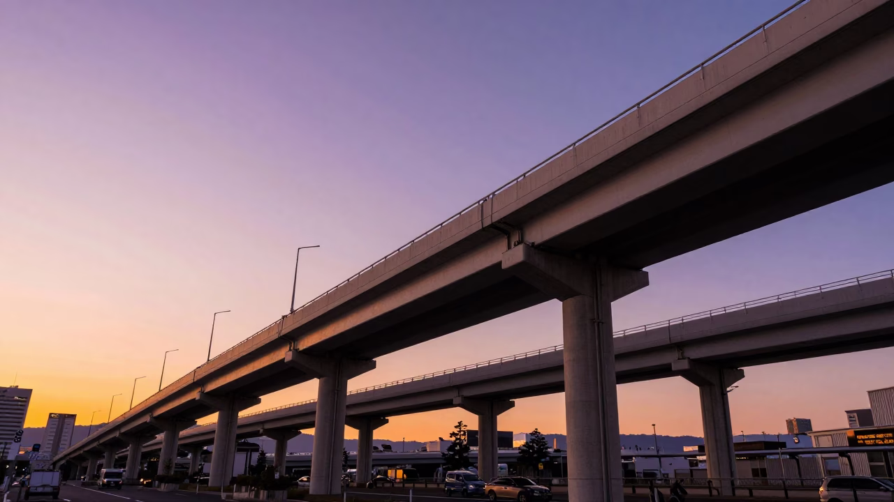 Overpass Interchange Ramp Slicing Across Violet Evening Sky in Fukuoka in in Fukuoka, Japan