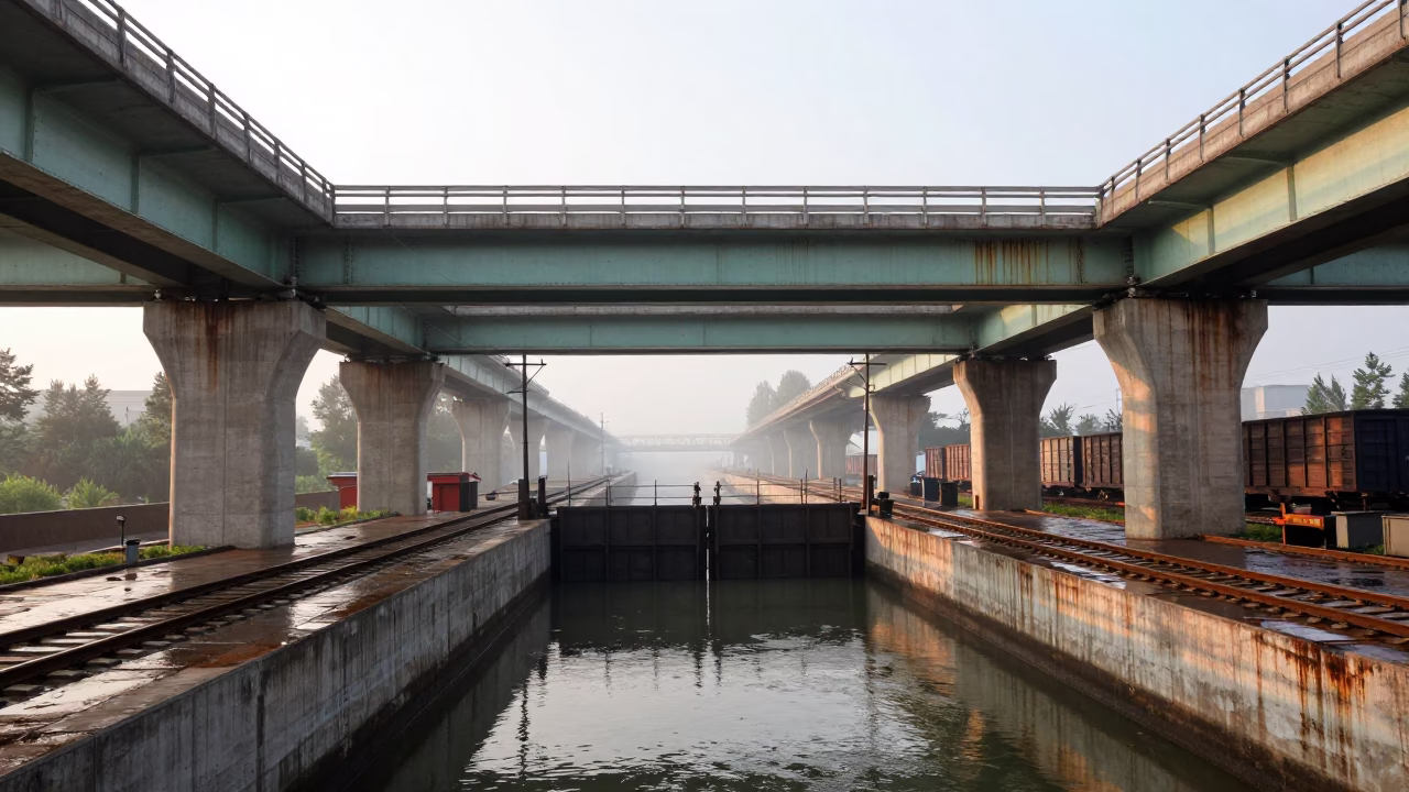 Overpass Interchange Above Wet Freight Yard Shaanxi in at a canal lock chamber in Shaanxi