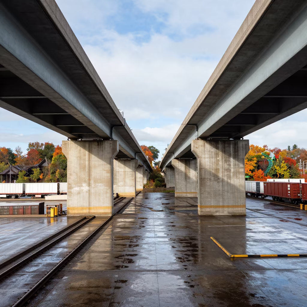 Overpass Interchange Above Wet Freight Yard in beside a storm surge barrier in New Jersey