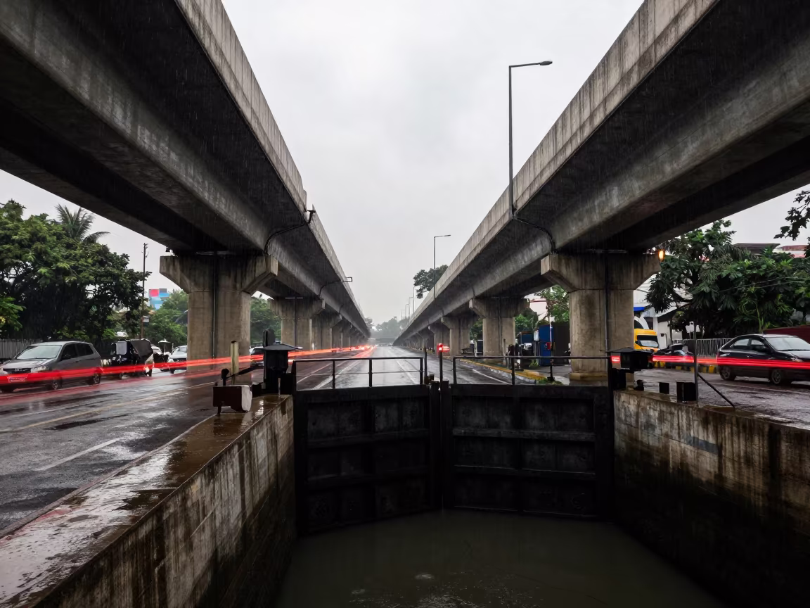 Overpass Lane Split Taillight Streaks in at a canal lock chamber in Esplanade, Kolkata
