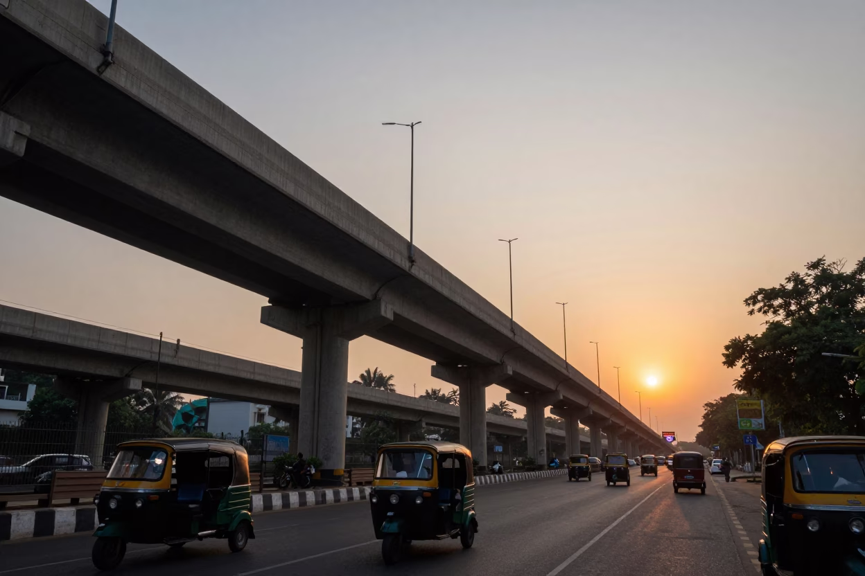 Overpass Ramp in Mumbai at As The Sun Drops Toward The Horizon in in Mumbai, India