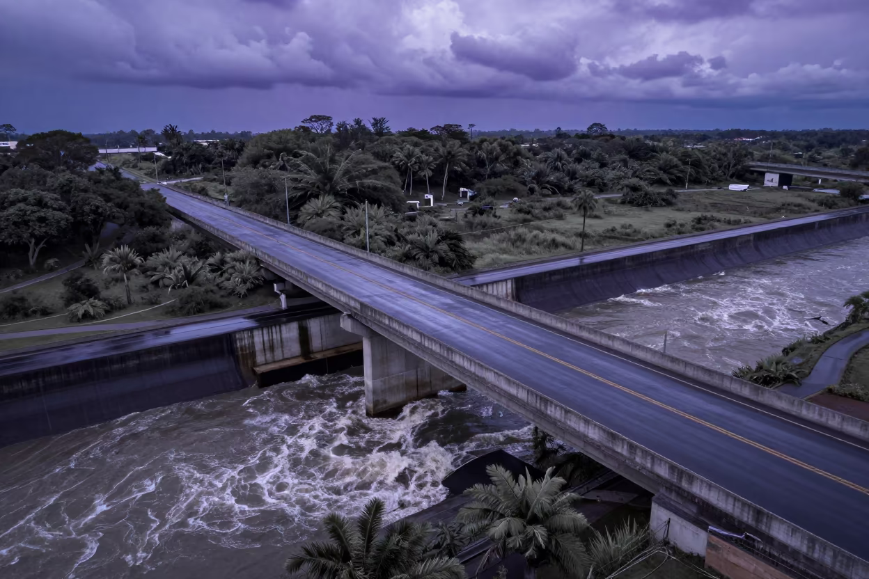 Overpass Ramp Slicing Violet Sky in along a dam spillway in Argentina