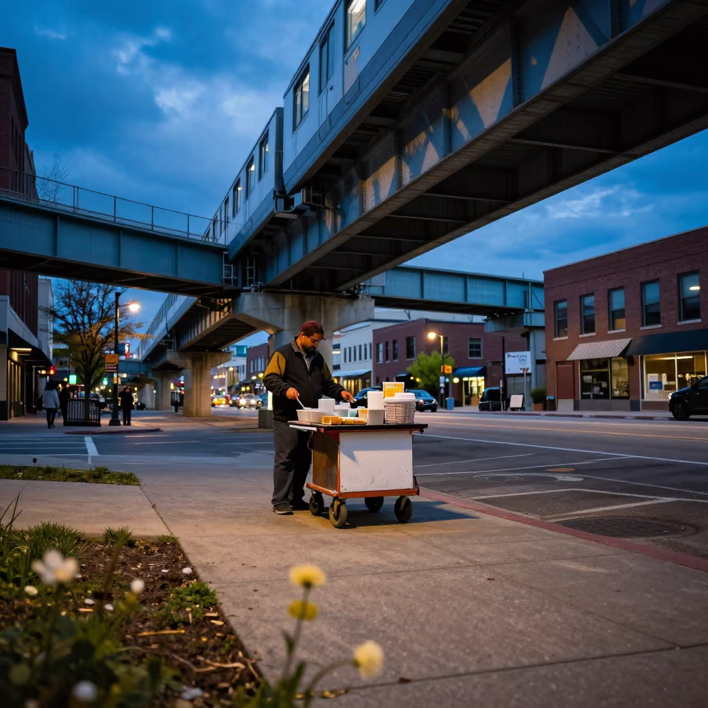 Overpass Shadow on Salt Lake City Vendor Cart in under an elevated train line in Salt Lake City